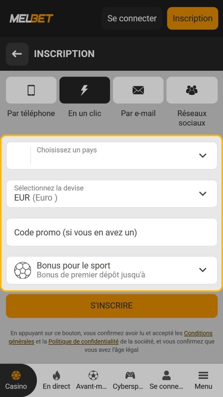 Saisissez vos informations pour créer un compte sur la plateforme Melbet.