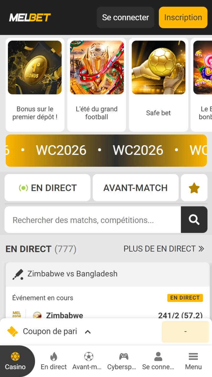 Ouvrez l'application Melbet pour découvrir les bonus de bienvenue et regarder les matchs en direct.