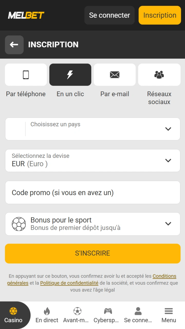 Créez votre compte en quelques secondes pour recevoir des bonus chez Melbet.