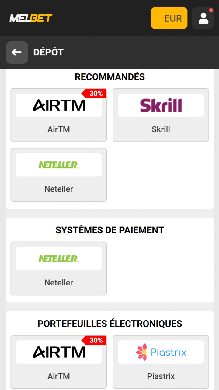 Effectuez votre premier dépôt en toute sécurité et rapidement sur la plateforme Melbet.