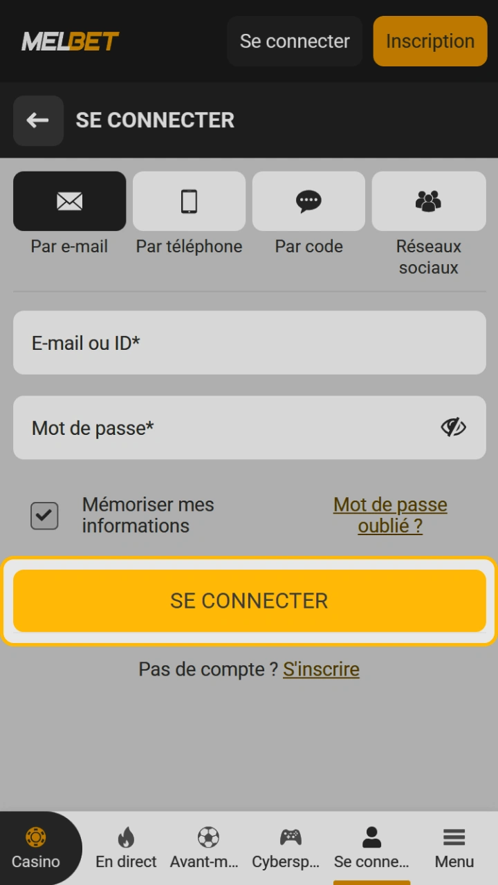 Cliquez sur le bouton de connexion pour accéder instantanément à votre compte Melbet.